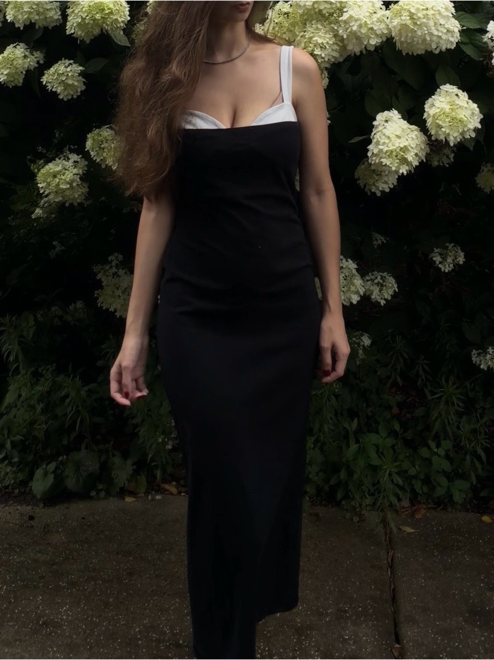 Reformation Nelle Midi Dress:Classic Black Slip Dress with Contrast White Straps